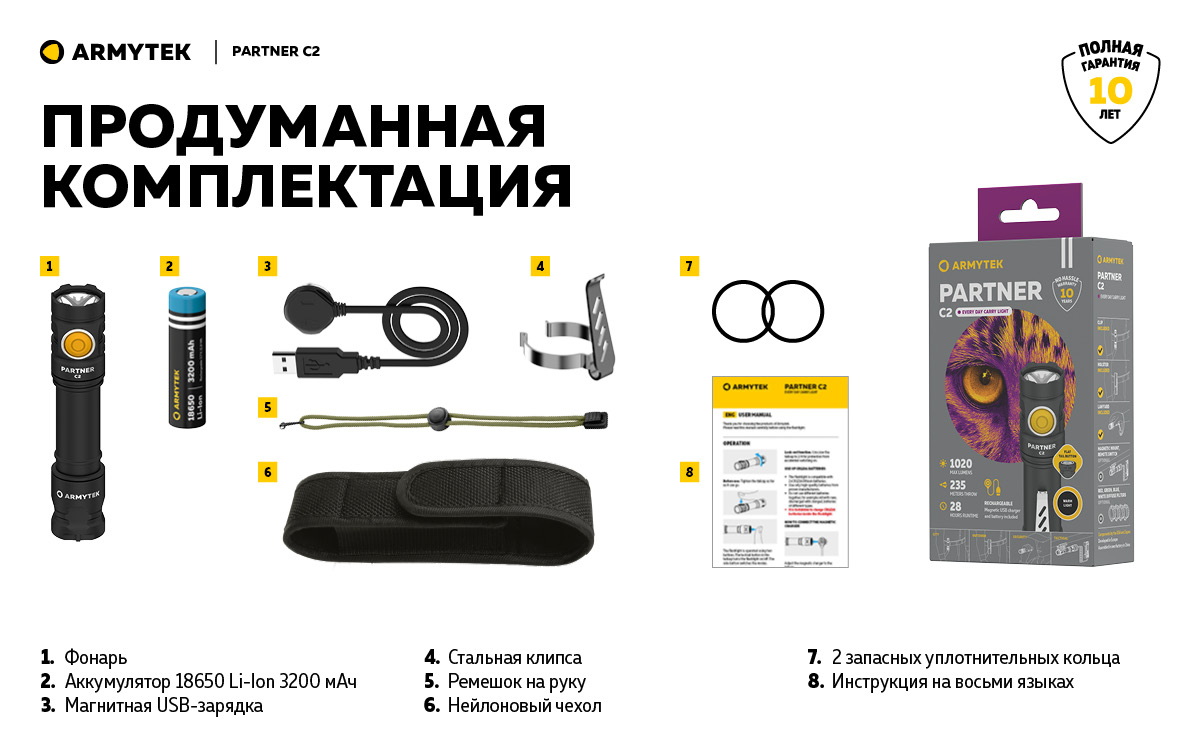 Фонарь Armytek Partner C2 Magnet USB Теплый