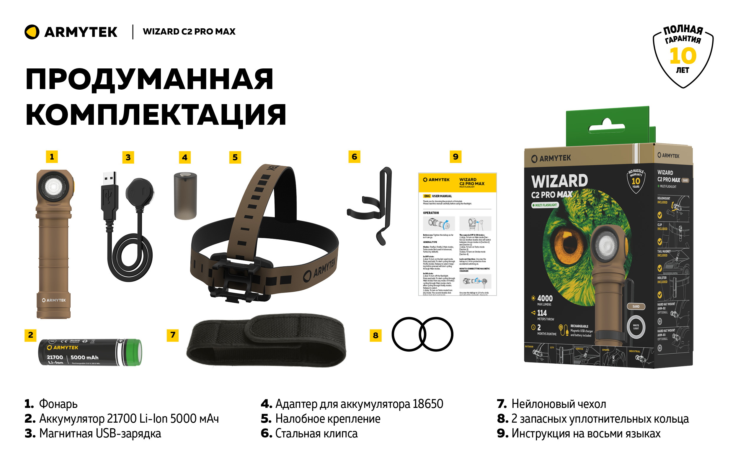 Фонарь Armytek Wizard C2 Pro Max Sand Белый