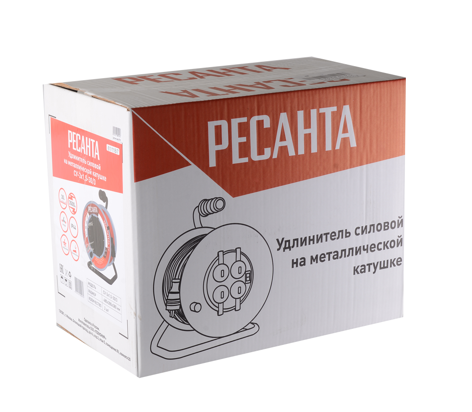 Удлинитель силовой на металлической катушке Ресанта, СУ-3х1,5-30/3